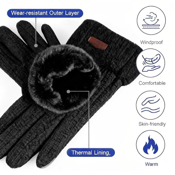 Women's Black Winter Warm Touchscreen Windproof Girls Winter Using Gifts Gloves - Picture 2 of 7